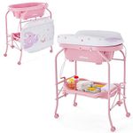 INFANS Baby Changing Table with Bathtub, Foldable Diaper Dresser Station with Removable Bath Support Wheels Waterproof Pad Storage Rack, Portable Nursery Organizer Stand for Newborn Infant, Pink