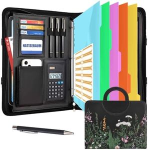 NATISERAUM Portfolio Organizer - 3 Ring Binder with Handle, Vegan Leather Business Padfolio Folder with Notepad, Includes 5 Dividers with 10 Pockets for Documents Files