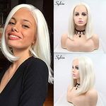 14" Platinum Blonde Bob Hairstyle Synthetic Lace Front Wigs Middle Parting 60# Short Straight Heat Resistant Fiber Hair