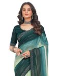 SIRIL Women's Georgette Zari Stripe Hot Fixing Stone Work Saree With Unstitched Blouse Piece (3742S363_Green)