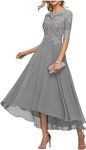 3/4 Sleeve Mother of The Bride Dress Lace Applique Chiffon Silver A Line Beaded Tea Length Evening Dress 18