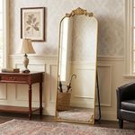 HARRITPURE Vintage Full Length Mirror, 56"x21" Baroque Carved Arched Floor Standing Mirror, Metal Frame Full Body Mirror, Retro Vanity Mirror for Bedroom Entryway Living Room Hallway, Gold