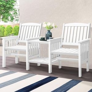 ALFORDSON Outdoor Loveseat & Table Set Durable Fir Wood Twin Integrated Armchairs,Wooden Garden Bench Furniture Set with Solid Construction Double-Deck Coffee Table White Colour