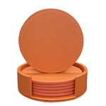 RICHSUM Coasters Set of 6 Soft Leather Drink Coaster Round Coaster with Sewing Around, Suitable for Various Cups, Wooden Tables,Home Decoration,4 Inches (Orange)