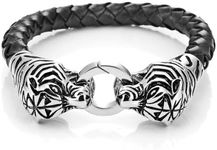 Urban Jewelry Amazing Leather Mens Bracelet with Locking Stainless Steel Tiger Head Clasp, Black, Silver, 8.5 Inches