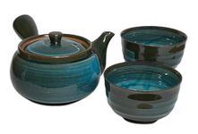 Mino Ware Japanese Kyusu Teapot Yunomi Set Emerald Line pattern on Forest Green