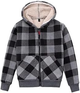 ThCreasa Kids Sherpa Fleece Lined Hoodie Jacket,Zip-Up Hooded Plaid Sweatshirt Jackets (Black/Grey, XL(12/14))