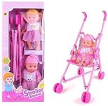MITAN Kids Stroller Baby Doll Toy with Real Moving StrollerToys Kids Baby Stroller with 2 Dolls Easily Foldable Baby Pram Trolley for Girls 55 cm Pink (2 Dolls with Pink Stroller)