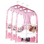 QEES Clear Kid's Dance Costumes Bags, 35" Children's Garment & Costume Bag with 3 Pockets, Foldable Hanging Costume Storage Cover Bag, Full Zipper Dream Duffel for Dance Competitions (Pink, 3 PCS)