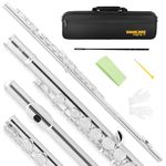 SONICAKE C Flutes Closed Hole 16 Keys Flute for Beginner Flute Instrument with Stand, Carrying Case, Gloves, Tuning Rod, Silver, QFL-11