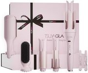 5 in 1 Auto Curling Iron Set with Interchangeable Barrels - 1", 1.25", 1.5" Curling Wand, Hair Crimper & Straightening Brush, Rotating Ceramic Curler, 3 Temp, Dual Voltage, Anti-Scald, Pink