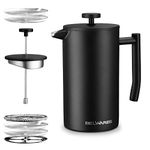 BELWARES French Press Coffee Maker - Double Wall 304 Stainless Steel - 4 Level Filtration System with 2 Extra Filters, Black, 34oz (1L)