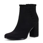 Women's Ruffle Chunky High Heel Ankle Boots Round Toe Slip On Fall Winter Western Booties, Black, 6 UK