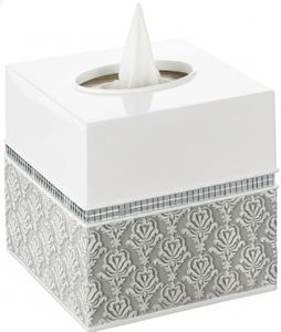 Creative Scents Mirror Damask Square Tissue Box Cover - Decorative Bathroom Tissues Paper Holder, Modern Napkins Container, Bottom Slider, for Cute Elegant Bathroom Decor (White & Gray)