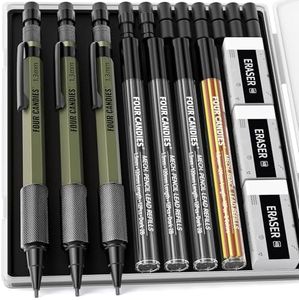 Four Candies 3PCS 1.3mm Mechanical Pencil Set with Case, Metal Heavy Duty Carpenter Pencils with 48 Refill(Red,Black,Yellow) 3Eraser, 12Eraser Refill, Weatherproof Body Outdoor Woodworking Marking