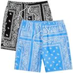 Floerns 2 Pack Men's Boho Drawstring Waist Paisley Print Summer Beach Shorts Black & Blue Paisley X-Small