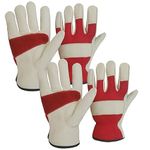 2 Pairs Cowhide Leather Work Gloves for Men-Puncture Resistant Gardening Gloves with Cow Leather Reinforced on Both Sides-Back Breathable Mesh for Driving, Farming and Light Duty. (Large,Beige & Red)