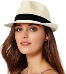 SONMONY Womens Short Brim Straw Sun Hat Fedora Trilby Panama Men Roll Up Packable Beach Hats, Beige White, One Size