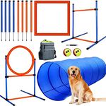 JMMPOO Dog Agility Training Equipment, 60 Piece Dog Obstacle Course Training Starter Kit - Pet Outdoor Games with Tunnel, 8 Weave Poles, Adjustable Hurdle, Jump Ring, Pause Box, Toys and Carrying Bag