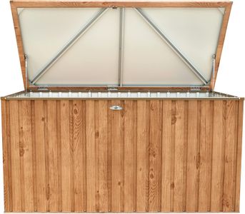 Duramax 1.9 Metal Outdoor Cushion Box 1450L – Hydraulic Lid, Woodgrain Brown