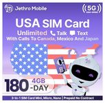 Jethro Mobile USA Travel SIM Card (6 Months), 4GB High-Speed Data, Unlimited Talk & Text, International Calling, 3-in-1 Activation Kit