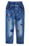 KIDSCOOL SPACE Little Girl Embroidered Jeans,Big Girls Elastic Waist Denim Bottom Pants,Blue,4-5 Years