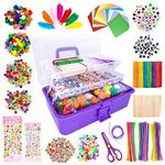 obqo 1405 Pcs Art and Craft Supplies for Kids, Toddler DIY Craft Art Supply Set Included Pipe Cleaners, Pom Poms, Feather, Folding Storage Box - All in One for Craft DIY Art Supplies, Purple