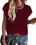 PRETTYGARDEN Womens Spring Summer Sweaters 2025 Casual Round Neck Cap Sleeve Vests Trendy Striped Pullover Knit Tops (Wine Red,X-Large)