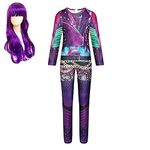 Econbitiry Mal Descendants Costume for Girls Party Dress up Halloween Costume Girls Roleplay Jumpsuit for Girls with Purple Wig