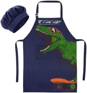 MHJY Kids Apron Chef Hat Set, Child Dinosaur Aprons with Adjustable Strap 2 Pockets, Kids Boys Apron for Baking Painting Gardening,Dark Blue,Small (3-7 Years)