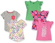 Amazon Essentials Girls' Short-Sleeve T-Shirt Tops (Previously Spotted Zebra), Pack of 5, Green/Grey/Navy Strawberries/Pink Text Print/White, Medium