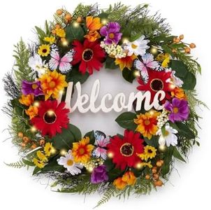 Valery Madelyn Spring Summer Wreaths for Front Door，Collapsible 24 Inch Door Wreath with Daisy Flower,Butterfly and “Welcome” Wood Sign Floral Wreath for Wedding, Wall, Home Decorations