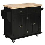 HOMCOM Kitchen Island on Wheels, Rolling Cart with Rubber Wood Top, Spice Rack, Towel Rack and Drawers, Black