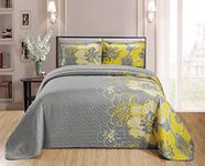 Home Collection 3pc King/Cal King Over Size Quilt Bedspread Grey with Yellow Flowers Printed