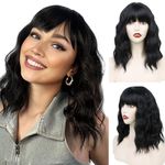 QUEENTAS Short Hair Wig for Women Black Full Head Wavy Wigs with Bangs Synthetic Bob Hair Wig for Diwali Cosplay