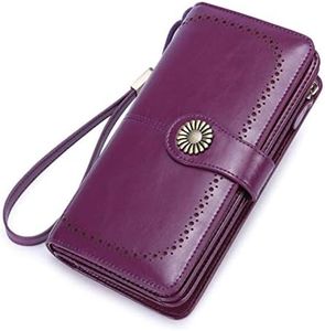 KELEEL Women's RFID Blocking Wallet Genuine Leather Clutch Wallet Card Holder Organizer Ladies Purse …, Purple, 7.6 x 1.37 x 4.1 inch, Zipper Closure + Snap Closure + Trifold Closure