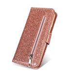 ZCDAYE Galaxy S6 Edge Wallet Case,Bling Glitter Sparkly Zipper PU Leather Magnetic Flip Folio Card Pockets Holder with Wrist Strap Stand Protective Case Cover for Samsung Galaxy S6 Edge - Rose Gold