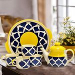 Praahi Lifestyle Tea Cup Set with Kettle & Serving Tray | Ceramic Tea Set Hand Painted Blue Yellow Design| 4 Cups (150ml), 1 Kettle(700ml), 1 Tray (6 Piece Set, Microwave Safe) | Best for Diwali Gifts