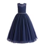 Glamulice Flower Girl Formal Dress Navy Blue Long A Line Wedding Bridesmaid Pageant Dresses Tulle Rhinestone Party Gown Princess Kids Birthday Maxi Prom Junior Girls Holiday Elegant Ball Gown 11 12