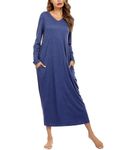 Sykooria Women's Long Nightgown Cotton Baggy Nightdress Plus Size Nightshirt Long Sleeve V Neck Sleep Dress Casual Sleepwear With Pockets(Dark Blue,XXL)