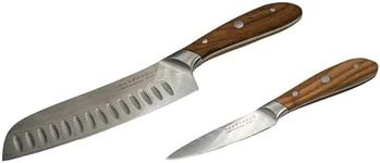 Swiss Diamond 2-Piece Brown Santoku and Paring Knife Set, Full Tang German Steel Blades, 552 Rockwell Hardness, Carbonized Ash Wood Handles