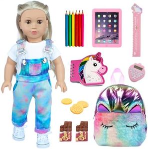 DONTNO 18 Inch American Doll Accessories, School Supplies Set for American 18 Inch Girl Doll- Doll Clothes, Bag, Pencil, Ruler, etc.