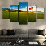 Living Room Decorations for Wall Golf Course Pictures Red Flags Paintings Landscape Artwork 5 Piece Green Canvas Wall Art House Modern Decor Framed Giclee Ready to Hang Posters and Prints(60''Wx32''H)