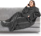 PAVILIA Fleece Blanket with Sleeves and Foot Pockets for Women Men Adults, Wearable Blanket Sleeved Throw Wrap, Plush Hug Sleep Pod Snuggle Blanket Robe, Cozy Gift Ideas Wife Mom, Dark Gray