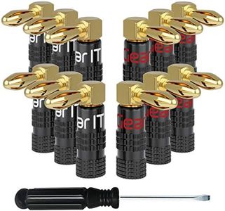 GearIT Right Angle Banana Plugs for Speaker Wire (6 Pairs, 12 Pieces), 90 Degree Pin Plug Type, 24K Gold Plated for Spring Clips Speaker Banana Jack Terminals