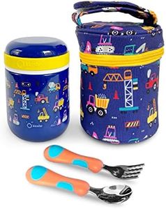 kinsho Kids Thermal for Hot Food and Soup, Insulated Lunch Bag and Stainless Steel Utensil Set. Container for Boys Hot Lunches, Wide Mouth, Leakproof Easy Grip, Thermal Vacuum Seal 10 oz, Blue Trucks