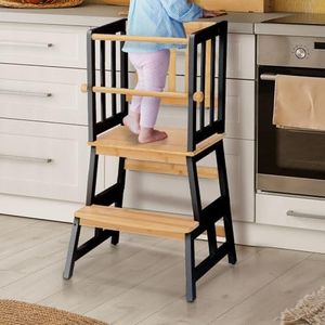 COSYLAND Kids Kitchen Step Stool, Toddler Standing Tower with CPC Certification, Removable Anti-Drop Railing Safety Rail Enjoys Unique Patented Design A Anti-tip Stable Structure Natural & Black