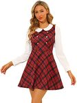 Allegra K Women's Peter Pan Collar Contrast Color Button Decor Fit and Flare Plaid Dress Red 12