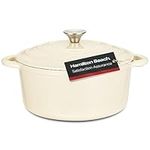 Hamilton Beach Enameled Cast Iron Dutch Oven 5.5-Quart Cream, Cream Enamel Dutch Oven Pot with Lid, Cast Iron Dutch Oven with Even Heat Distribution, Safe Up to 400 Degrees, Durable, Dishwasher Safe