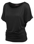 Made By Johnny Women's Solid Short Sleeve Boat Neck V Neck Dolman Top with Side Shirring-Made in U.S.A., Wt817_black, Large